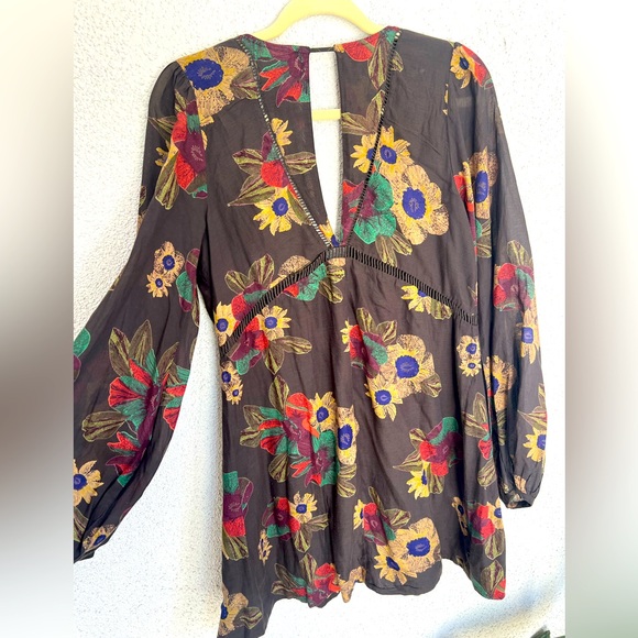 NWOT FREE PEOPLE Strawberry Fields Floral Tunic Dress Brown Long Sleeve Boho SM - Picture 6 of 12